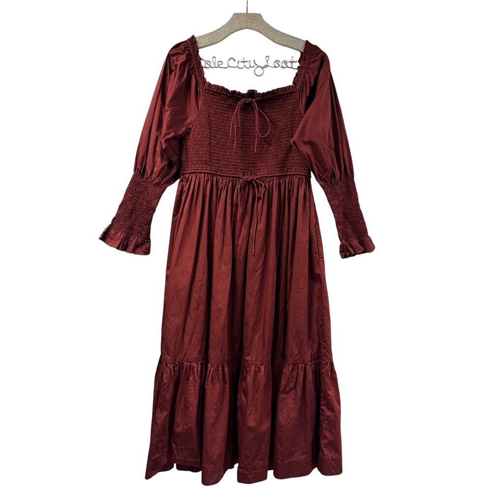 Laude The Label Smocked Midi Dress Square Neck Organic Large Mulberry